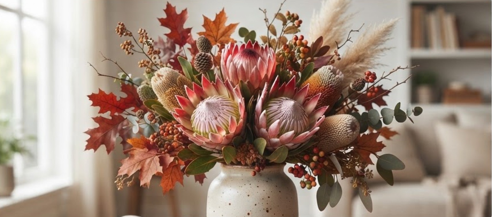 Sunset Harvest — King protea and autumn foliage