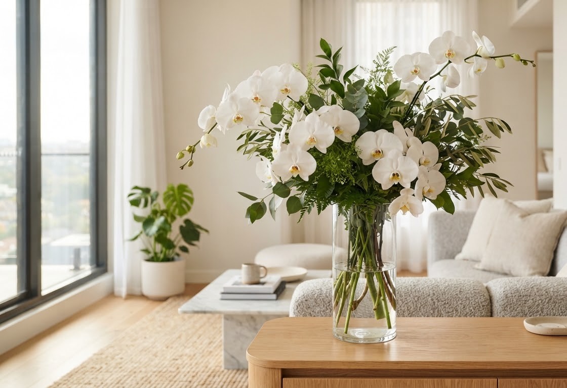White Orchid Vase — White orchids in a glass vase